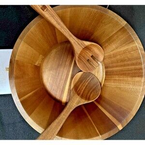 JAMES.F 12" Acacia Wood Salad Bowl Set w/ Servers - Large Wooden Serving Bowl